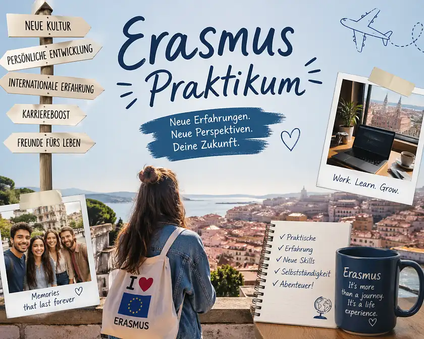Das Bild zeigt eine Person, die ein Auslandspraktikum macht. 
